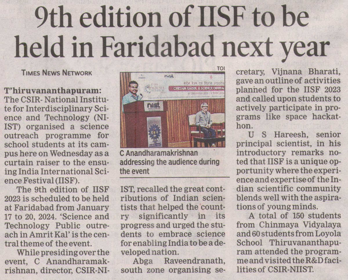 A story on #IISF2023 by @timesofindia. The 9th edition of IISF will be held at DBT-RCB, Campus, Faridabad from 17th to 20th January, 2024 @PMOIndia @DrJitendraSingh #sciencefestival @IndiaDST @nifindia @isro @PIB_India @Vibha_India #SMCC