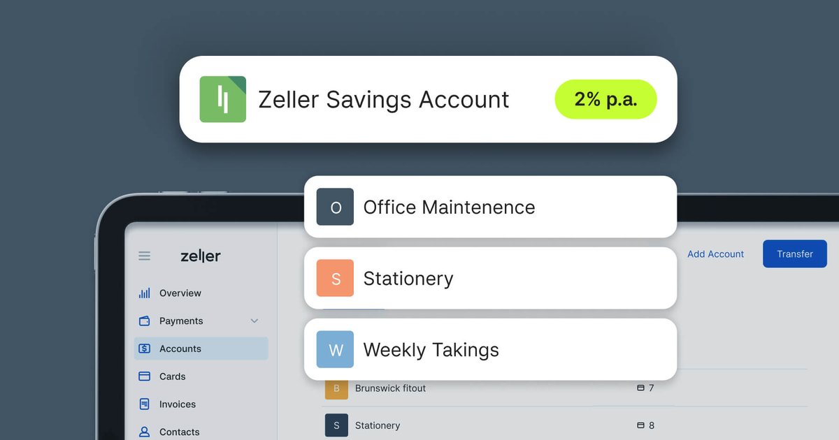 With Zeller, your business could already earn and spend. Now you can save. 💰

Introducing the new Zeller Savings Account, with a special 2% p.a. rate for the first 60 days, then a competitive 1.4% p.a. standard variable rate thereafter. 

Learn more: myzeller.com/business-savin…