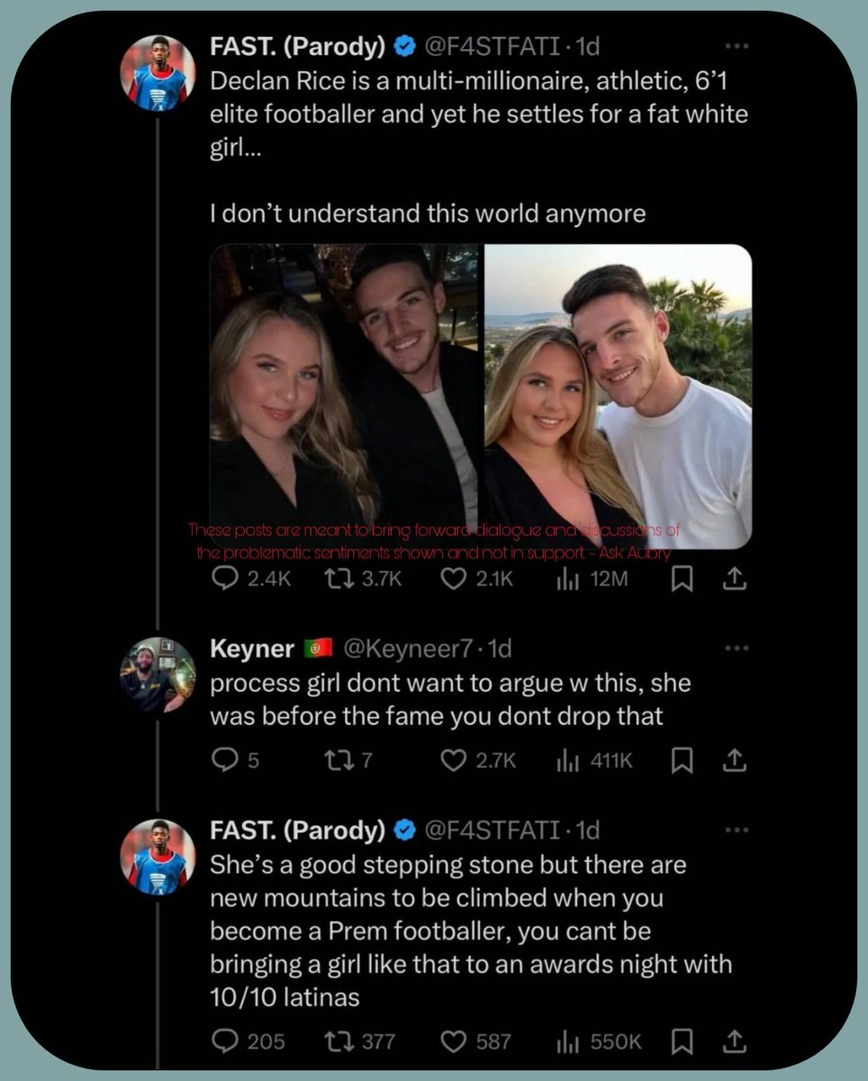 Declan Rice and his partner Lauren Fryer have been together since they were teenagers and just had a new baby.

But these dudes only see women as objects you can trade while whining about loyalty from the other side of their mouths.