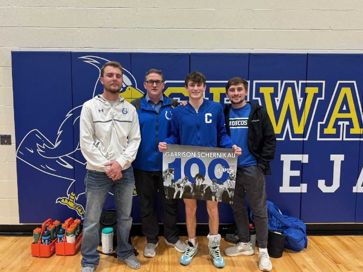 bronco_wrestle's tweet photo. Congrats to Garrison Schernikau on earning his 100th and 101st wins tonight. https://t.co/Qh1DMXuhqc