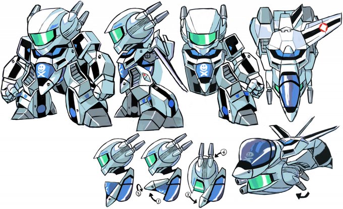 デフォルメ変形バルキリー、バランス調整。頭を小さくすると、その分手足が大きくなっちゃうんですが、薄くて広い感じにすればおさまるかな?特に脚部は左右幅を抑えて前後にボリュームを出した方が良さそう。スーパーパックのキャラクター性を前借しちゃってるんだなこれ。