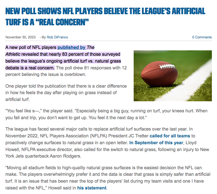 feuilletonesse's tweet photo. @TomOatesWSJ @JoelGratz Not true. In fact a 11/23 poll shows that 83% of players despise #artificialturf as it causes more contact injuries. It's also a toxic nightmare. The crumb contains over 300 chemicals including carcinogens.  https://t.co/DGInW3m27N https://t.co/sSXQteK44p