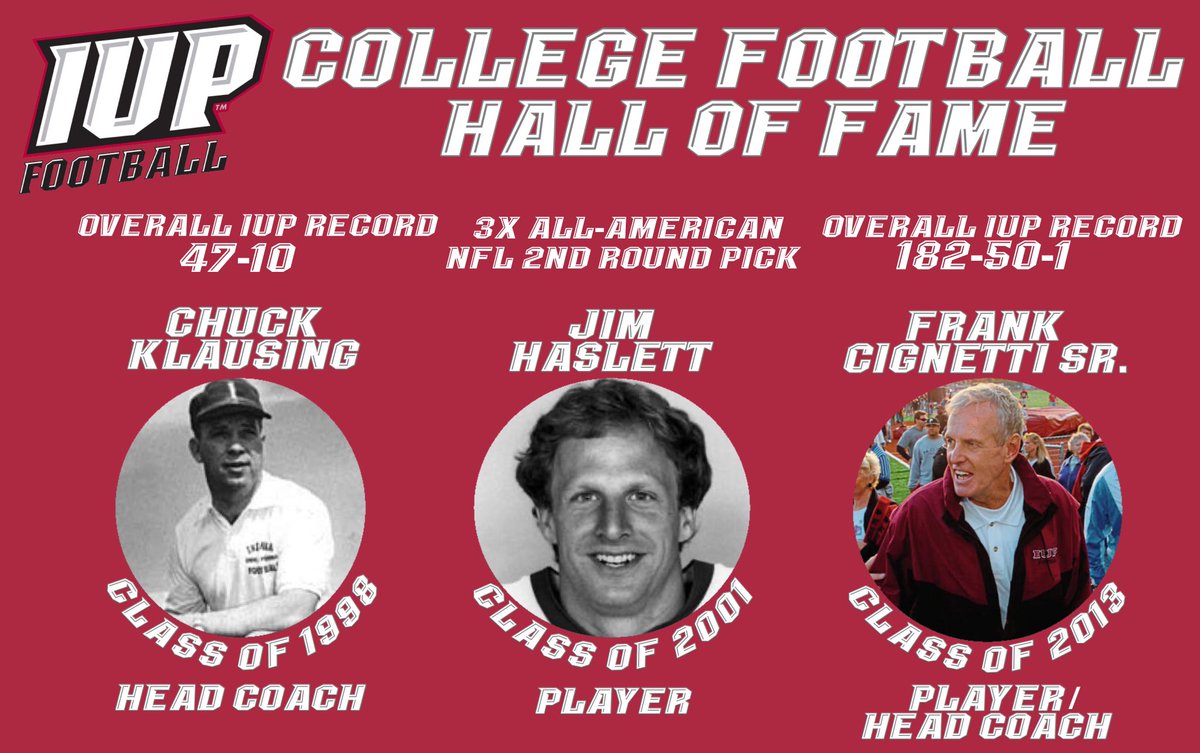 IUP in the College Football Hall of Fame

•Chuck Klausing
•Jim Haslett
•Frank “Big Guy” Cignetti Sr.