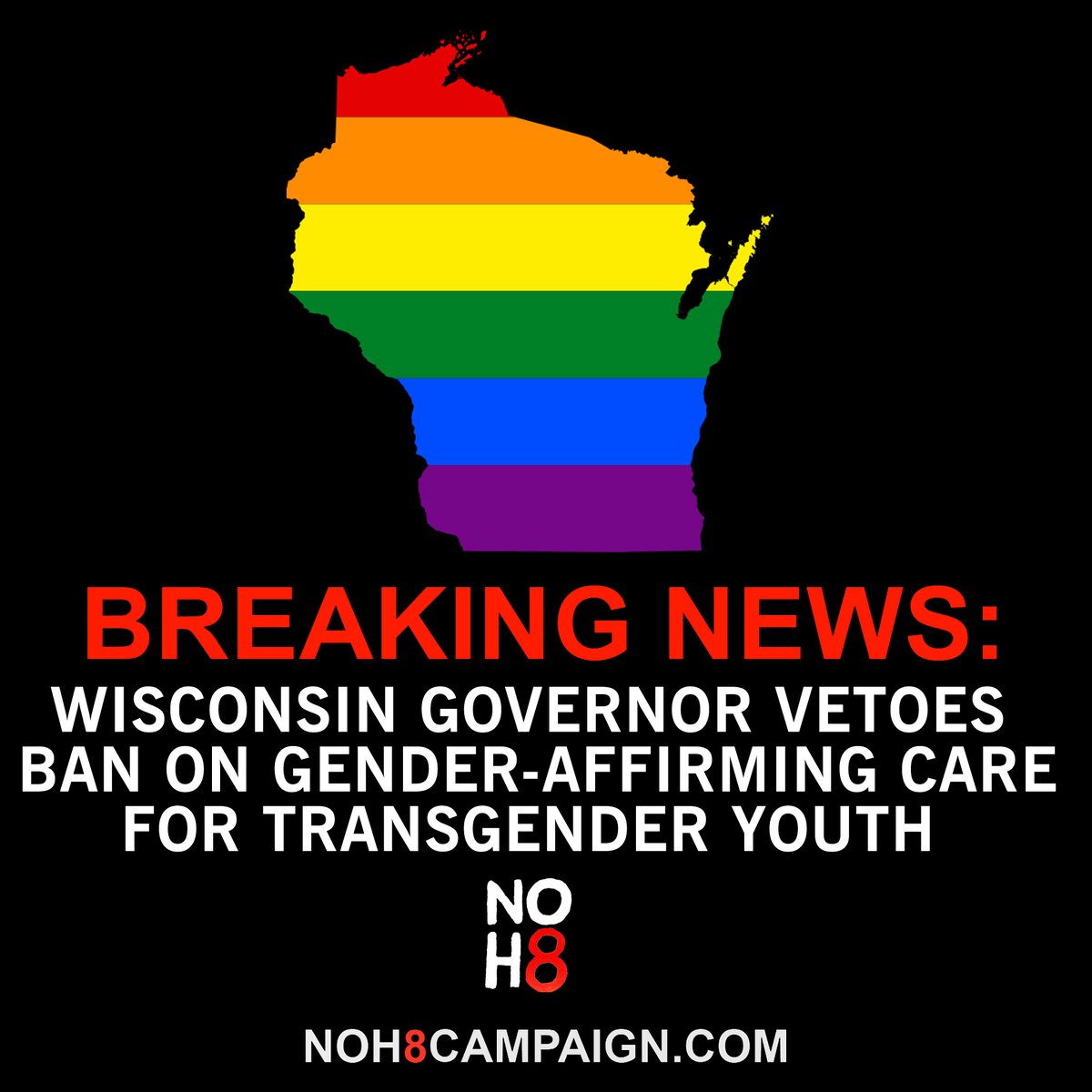 NOH8Campaign's tweet photo. BREAKING: #Wisconsin governor vetoes ban on gender-affirming care for trans youth #NOH8 https://t.co/LnK2XiWQrS