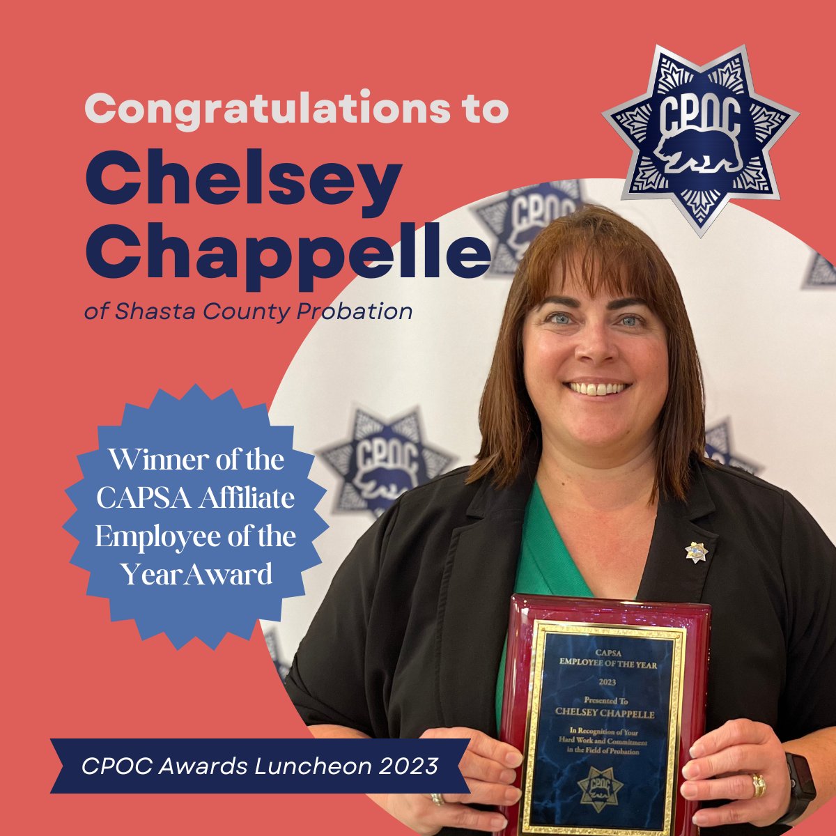 CAProbation's tweet photo. Congratulations to Chelsey Chappelle of Shasta County Probation for being selected as the CAPSA Affiliate Employee of the Year! #CAProbation #CPOCAwards2023 https://t.co/TxSKJXQikU