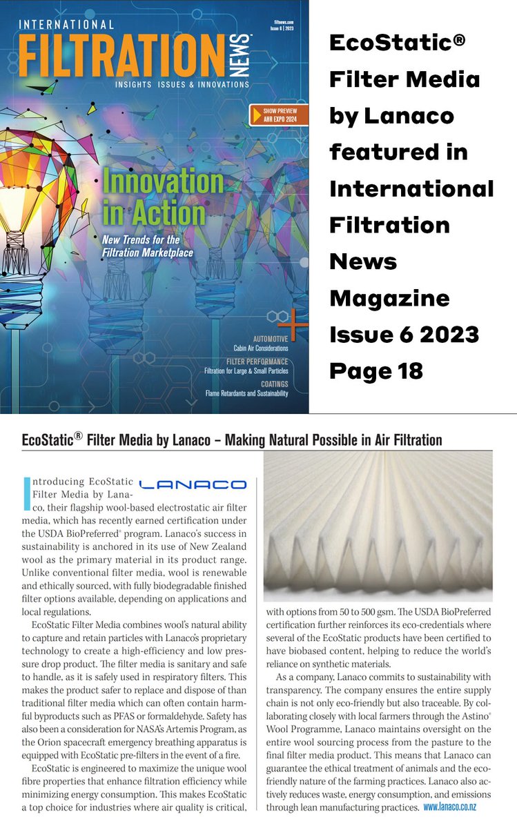 Lanaco_NZ's tweet image. We are thrilled to have our #EcoStatic® #filtermedia featured in the latest International Filtration News magazine focused on Innovation in Action – New Trends for the Filtration Marketplace!

Read on page 18 here: issuu.com/indamedia/docs…

#lanaco #makingnaturalpossible #filtnews