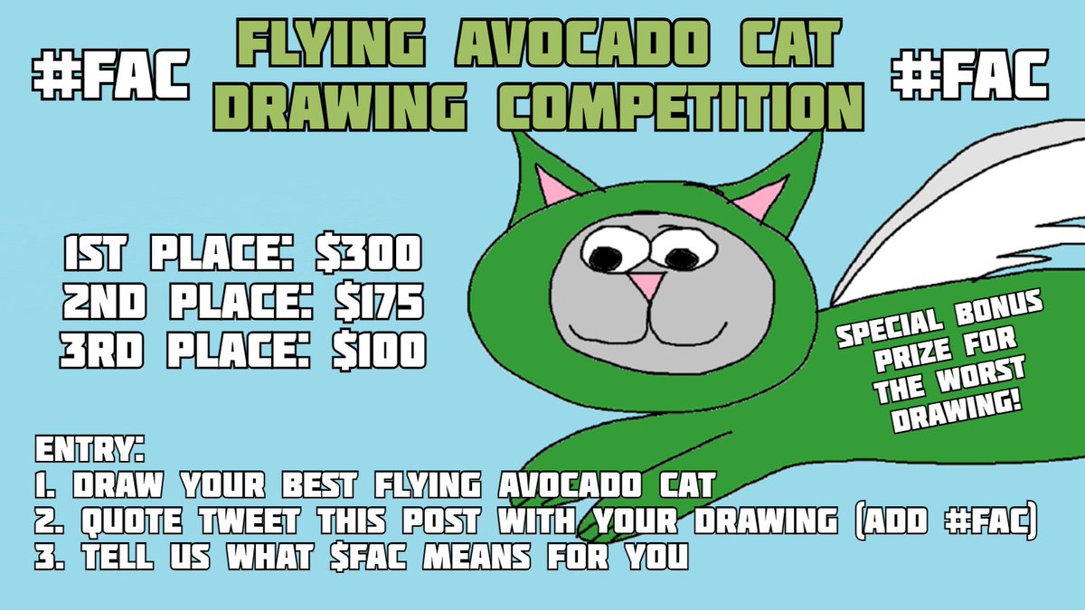 jonzzy's tweet photo. I love @FlyingAvoCat so much that I want to host a community drawing competition (for 72 hours)

I want to see the creativity flow. Prizes as below + bonus prize for the WORST drawing!

Entry is simple:
1. Quote tweet this post with your drawing
2. Tag @FlyingAvoCat and add #FAC