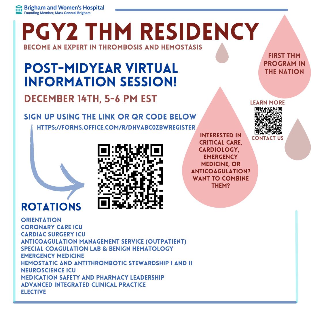 Interested in learning more about our innovative PGY2 Thrombosis &amp; Hemostasis Management Program? Sign up for our virtual information session on December 14th 5-6 PM EST. Details below! #PharmRes #TwitteRx