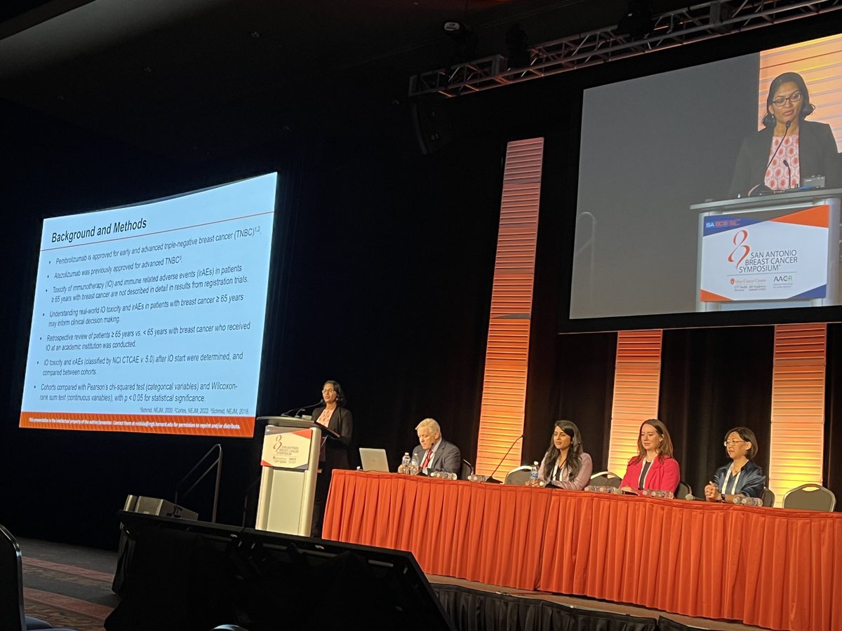 ⁦@MGHCancerCenter⁩ ⁦@MGHBreastOnc⁩ Dr Neelima Vidula presents RWD of IO toxicity in pts under vs over age 65 showing similar irAE. Types of irAE and mgmt differed by age. #SABCS23