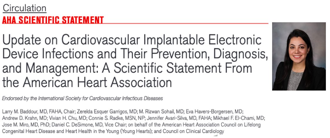 Congratulations to @UMMC_ID’s Dr. Zerelda Esquer Garrigos for co-authoring the new AHA guidance on diagnosis and management of CIED infections. 

@UMMCnews @UMMC_MCCTR @UMMCMedicine @UMMC_Heart @LBaddour1 @RizwanSohailMD