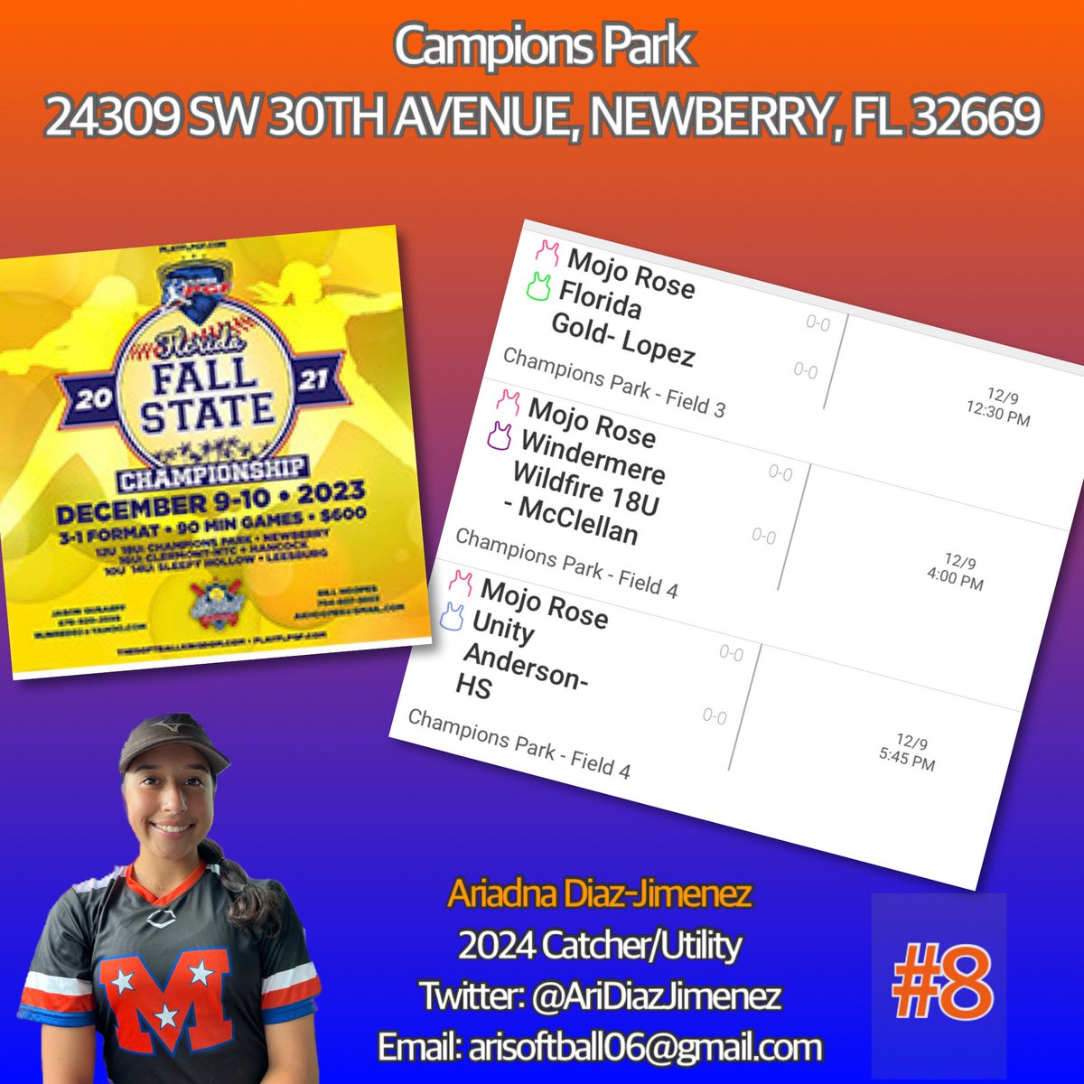 AriDiazJimenez's tweet photo. This weekend my team Mojo Rose 18u and I will be at PGF FL Fall State Championship tournament . This is our weekend schedule 🧡💙 https://t.co/DTNPp4amUQ
