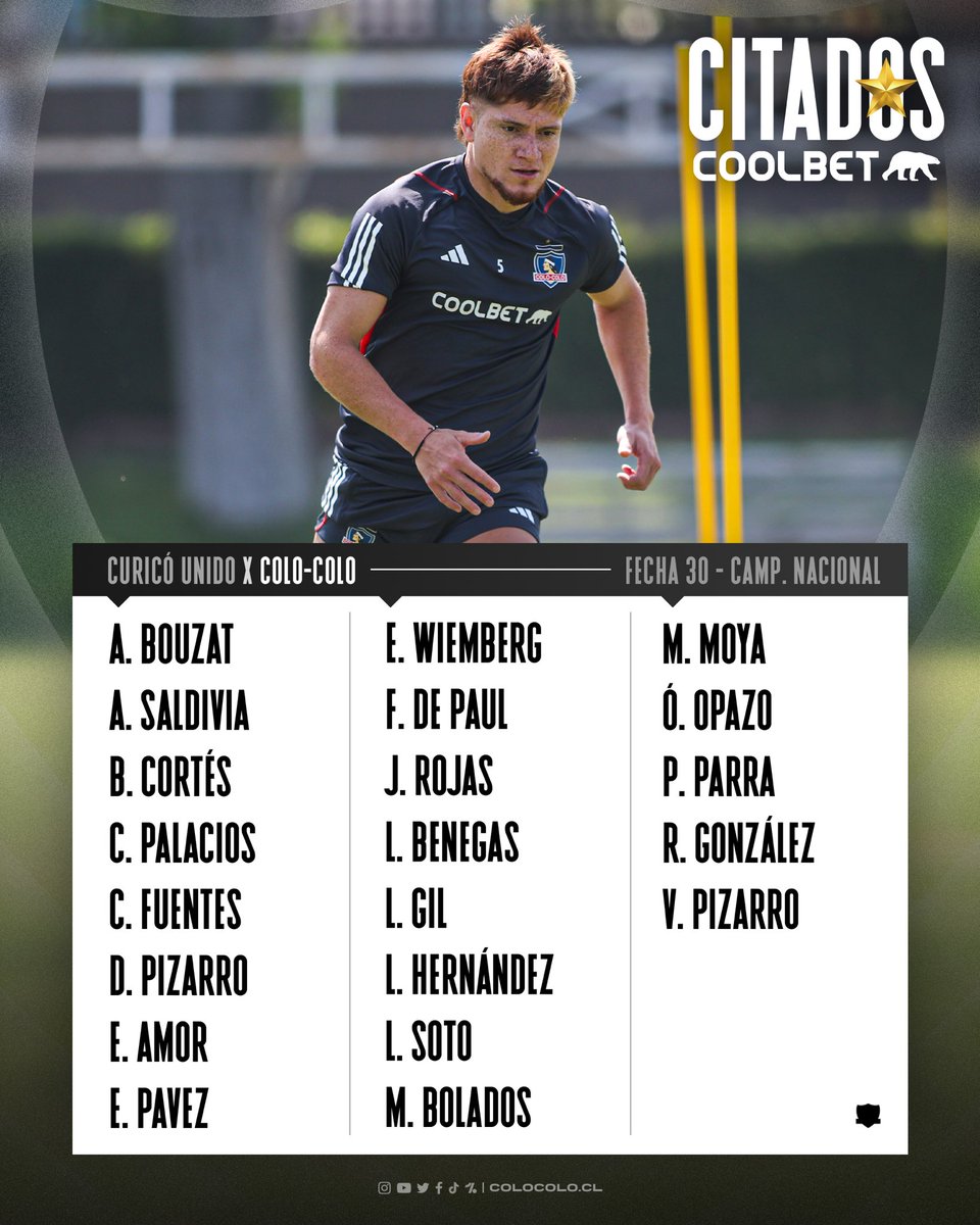 ColoColo's tweet image. 𝐂𝐈𝐓𝐀𝐂𝐈𝐎́𝐍 | Junto a @coolbetchile te dejamos la convocatoria del Cacique para el último partido del Torneo Nacional 2023 🏁

#VamosColoColo | #VamosPorTodo