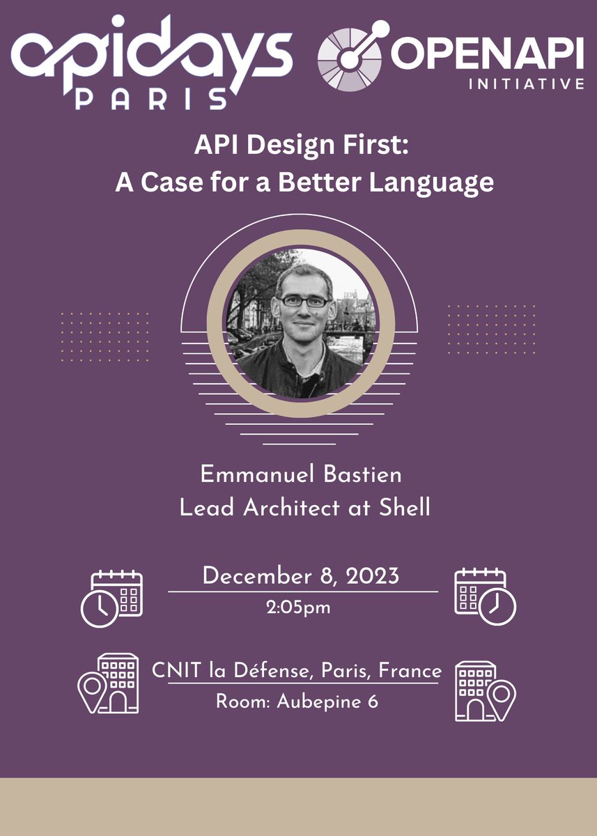 TOMORROW, Dec 8! At #apidaysParis, as part of the dedicated OpenAPI Track 🧠 Join Emmanuel Bastien from @Shell in his session: 'API Design First: A Case for a Better Language' openapis.org/events/apidays… #APIs
