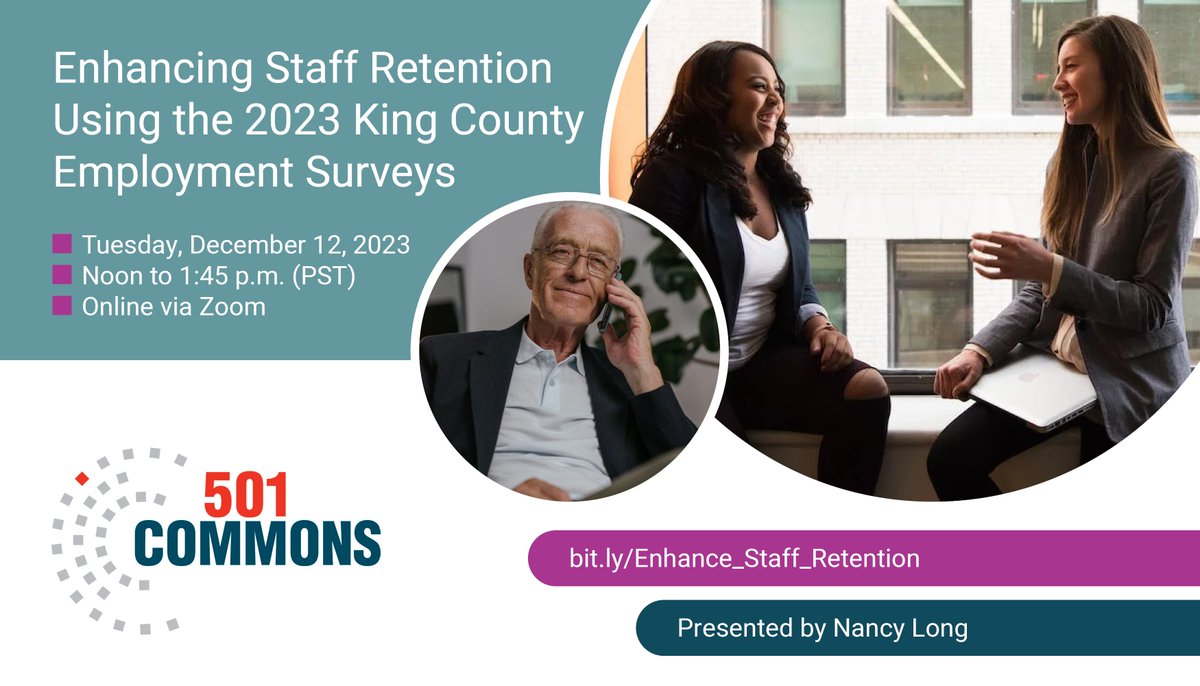 501Commons's tweet photo. Feeling overwhelmed about the amount of information found in the King County #nonprofit survey reports? Attend our webinar on Dec. 12 (noon to 1:45 p.m. PST) to learn about the most significant data and discuss what they tell us about employee retention.

https://t.co/qTkjKDICHV https://t.co/D3VSY8uvGw