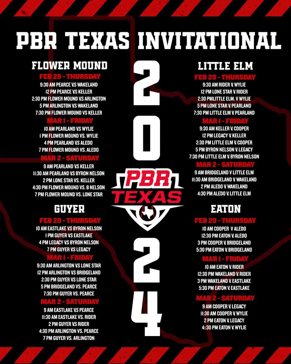 🚨 Schedule Alert 🚨 With the HS season approaching, here is this year’s PBR Texas Invitational Schedule. 📅 2/29-3/2 📍 Flower Mound, Denton Guyer, Little Elm, Eaton Field includes: - 3 6A & 2 5A Regional finalists - 2 6A State Tourney participants - 6A State Champion