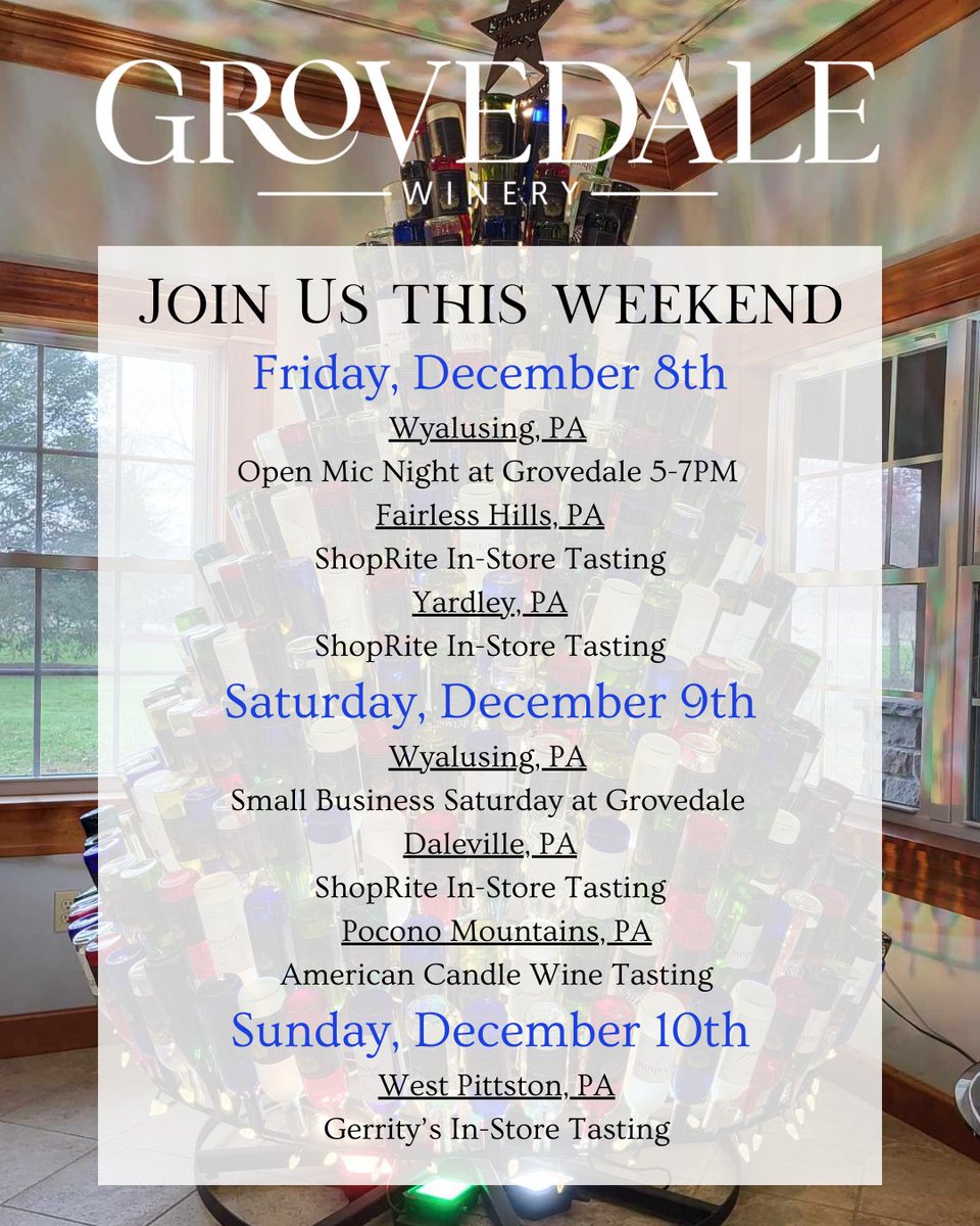 grovedalewinery's tweet photo. This Saturday Apple Creek Alpacas and Creations With Vicki will be at our tasting room to offer their handmade products that make a great gift for anyone on your list! They will be at the tasting room from 11-5PM. 🎄🍷🎁

#discovernepa #smallbusinesssaturday #shoplocal https://t.co/pJXwP3Guk8
