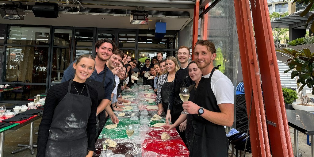 #FBF Sydney Summer Clerks cooking up a storm during induction week. Thanks to Casa Ristorante Italiano for teaching us the (acrobatic!) art to pizza making 🍕 Bellissimo! #ConnectionStartsHere