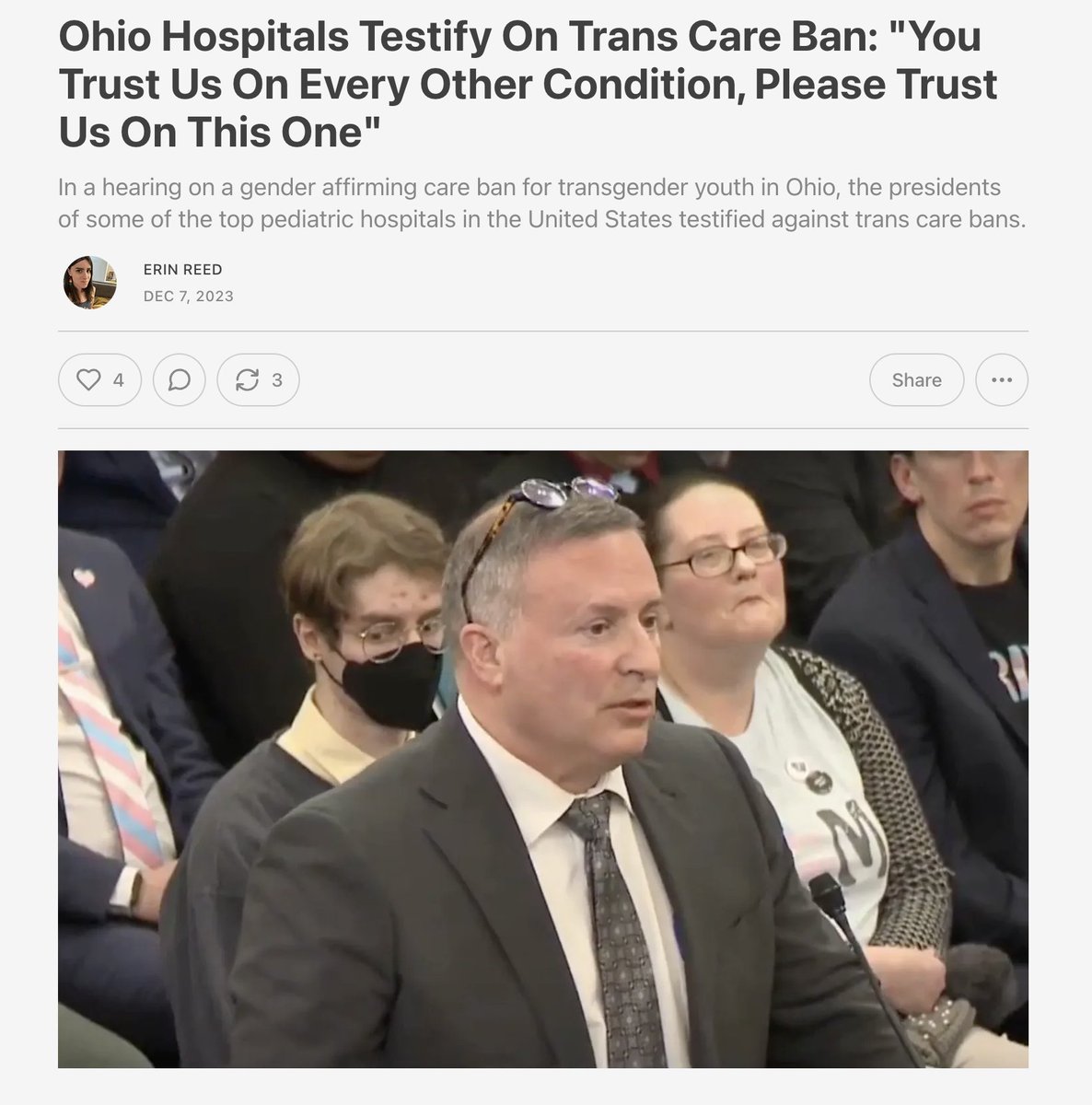 ErinInTheMorn's tweet image. 1. Yesterday, an incredible thing happened in an Ohio hearing over a ban for trans youth care.
Presidents of the state's Children's Hospitals, best in the nation, testified: "You trust us on every other condition, please trust us on this one."
Subscribe to support my work. 🧵