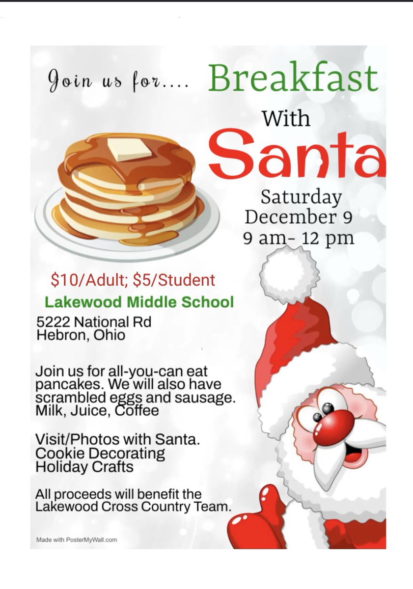 Reminder that Saturday is Breakfast with Santa, supporting our cross country teams. Bring out the family and enjoy a morning with food, activities, and Santa! 🎅