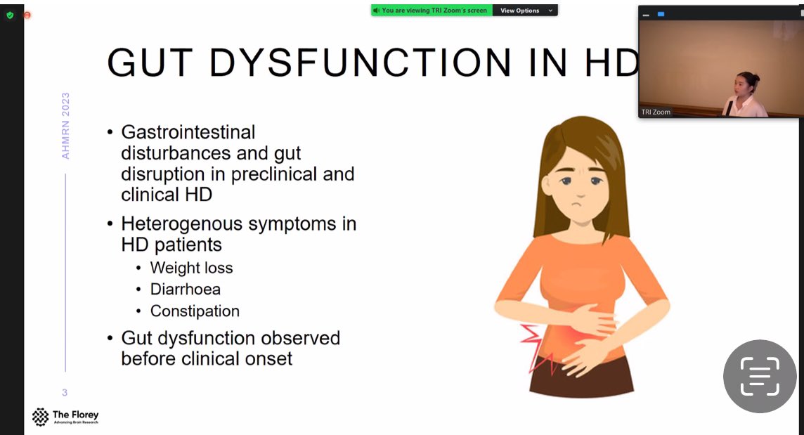 Wendy Qin describing her work on gut dysfunction in Huntington’s Disease. Great talk, some really interesting findings! #AHMRN