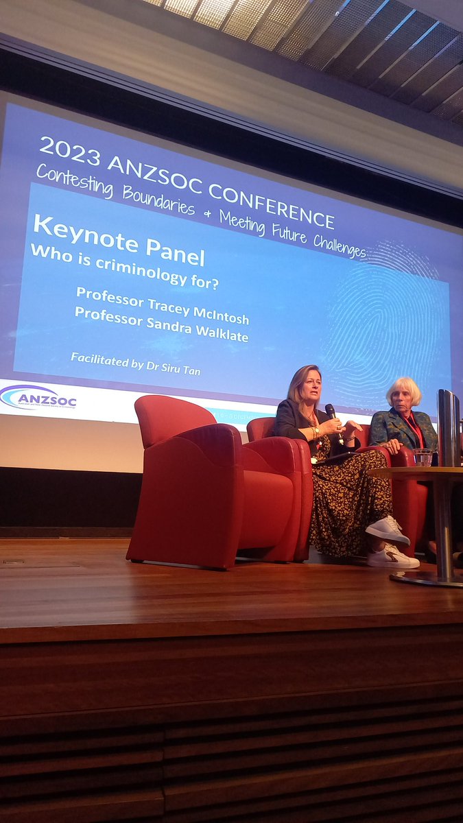 The closing @anzsoc #ANZSOC2023 conference keynote panel. Two brilliant scholars, Professors Tracey McIntosh of @AucklandUni & Sandra Walklate @WalklateL Both women speaking powerfully to the conference themes of contesting boundaries and meeting future challenges in Criminology