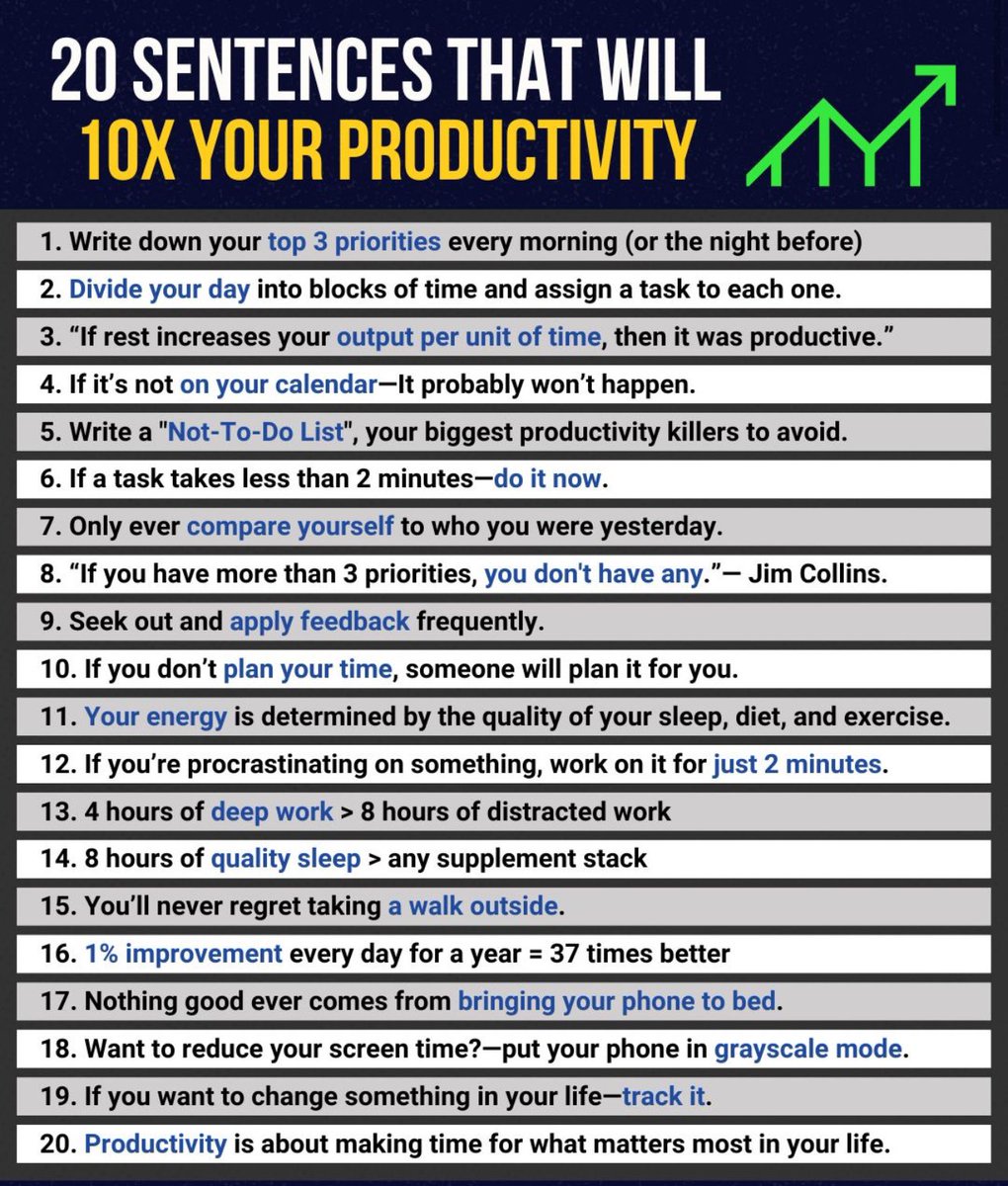 Want to be #MoreProductive?

These 20 sentences will #ChangeYourLife.

#Selfimprovement #Selfdevelopment 
#SelfHelp