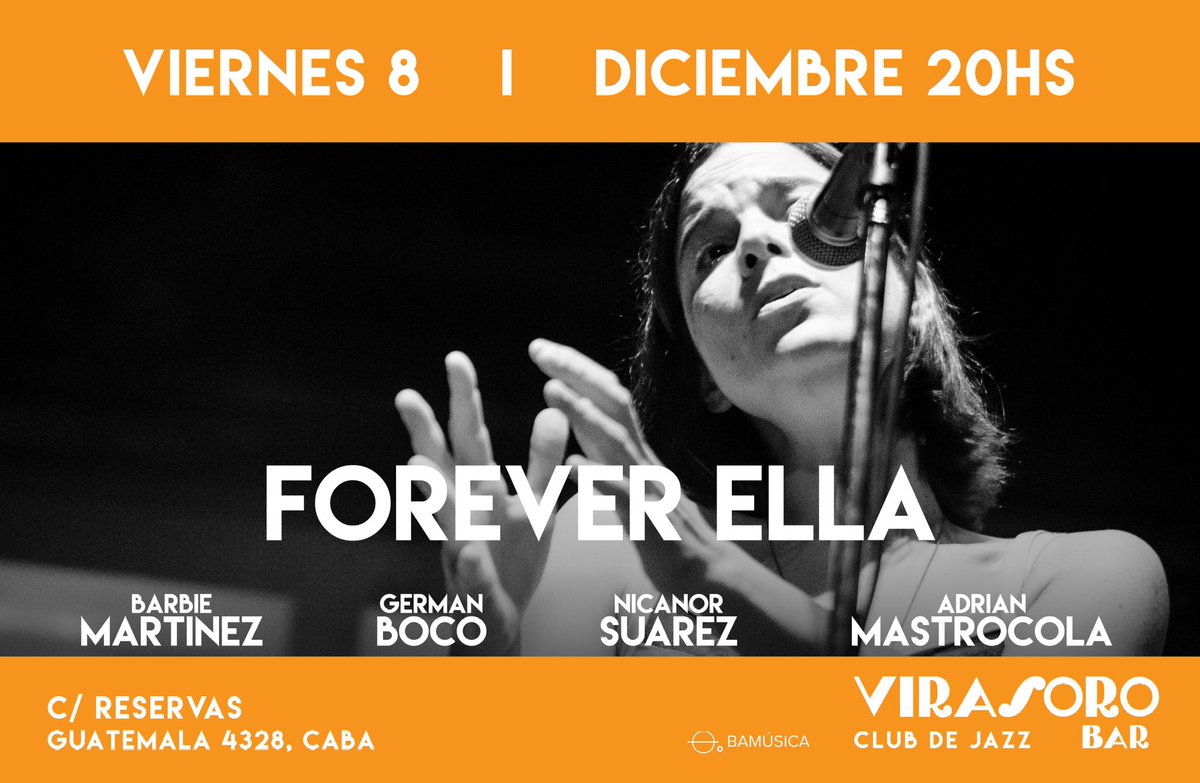👉FUNCIÓN
Puerta 19:30 hs – Show 20hs

📅 Viernes 8 de diciembre
▪️FOREVER ELLA▪️

🎫Entrada $5000
📲Reservas de localidades: 11 3577 6807 (WhatsApp)
💺Las ubicaciones son por orden de llegada.
🍷Consumición mínima