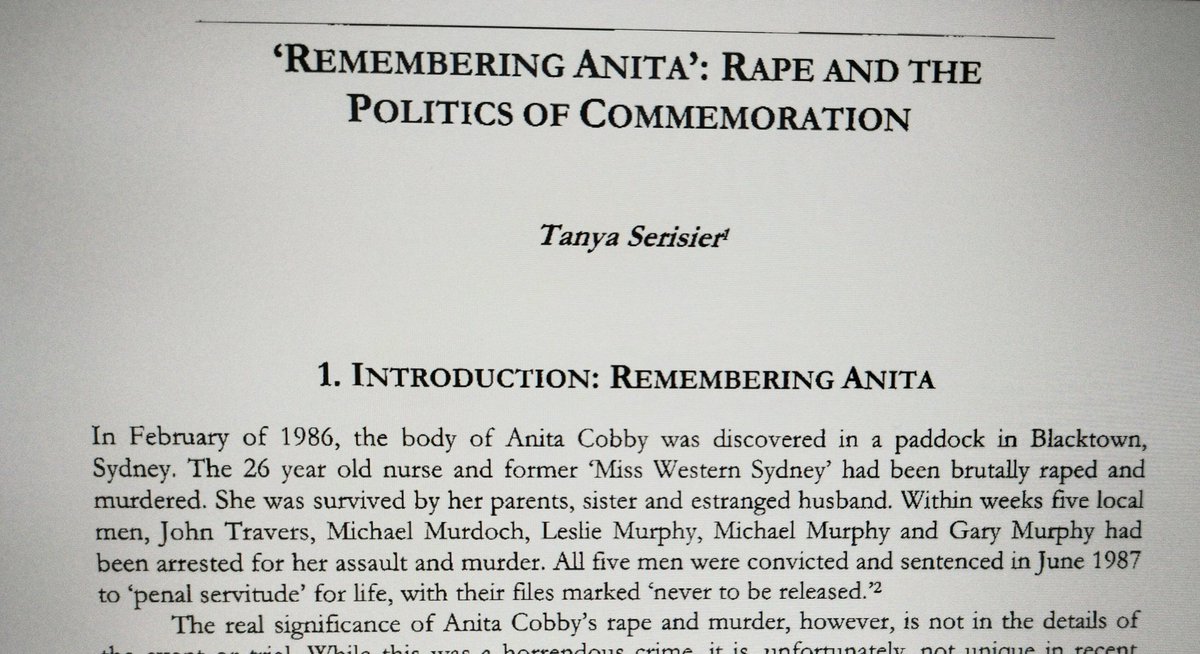 Today's not so cheerful (but important) research reading on the Anita Cobby rape/murder and the politics of commemoration.

#criminology #auslaw #auspol #toxicmasculinity #ozhist