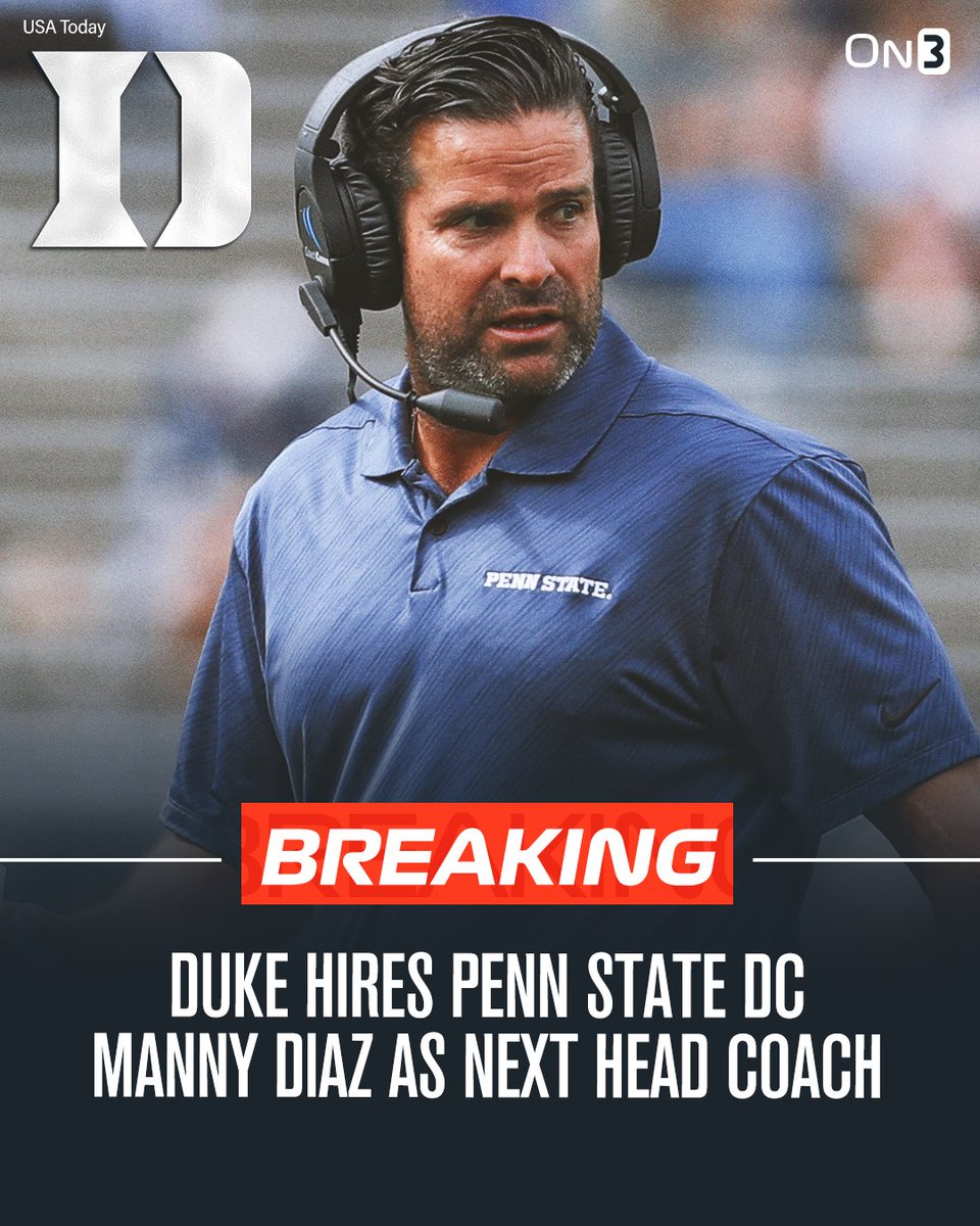 BREAKING: Duke has hired Penn State DC Manny Diaz as its next head coach, <a href="/RossDellenger/">Ross Dellenger</a> reports🚨

on3.com/college/penn-s…