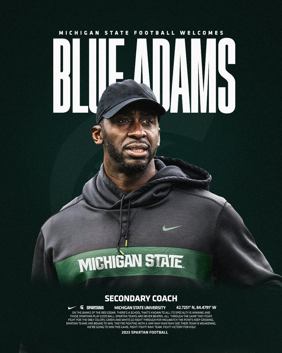 Welcome to East Lansing, @DBcoachadams! Blue Adams joins the Spartans after five seasons with Oregon State as the Secondary Coach. He was drafted by the Detroit Lions in the 2003 @NFLDraft, and played four seasons in the league. His 14-year coaching career includes a three-year…