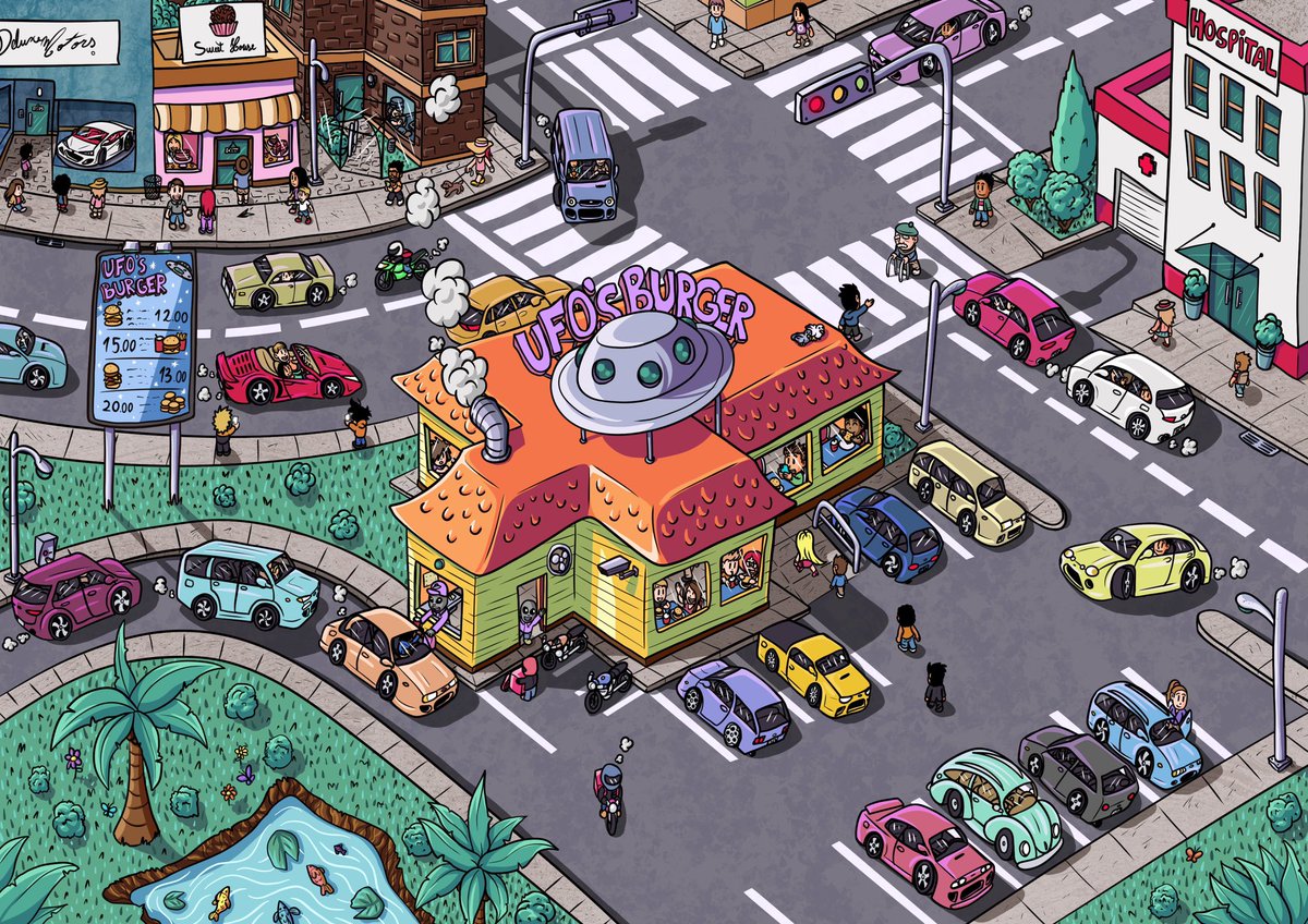 yhusanmi's tweet photo. - Hello! 😁
- Here I made conceptual art of a city, in the center a burger restaurant called “UFO’s Burger”, aliens selling space burgers to humanity!
- Please, like and share! Check my portfolio! Link in bio!
- Have a great day! ❤️ https://t.co/BWZ7y3HsGt