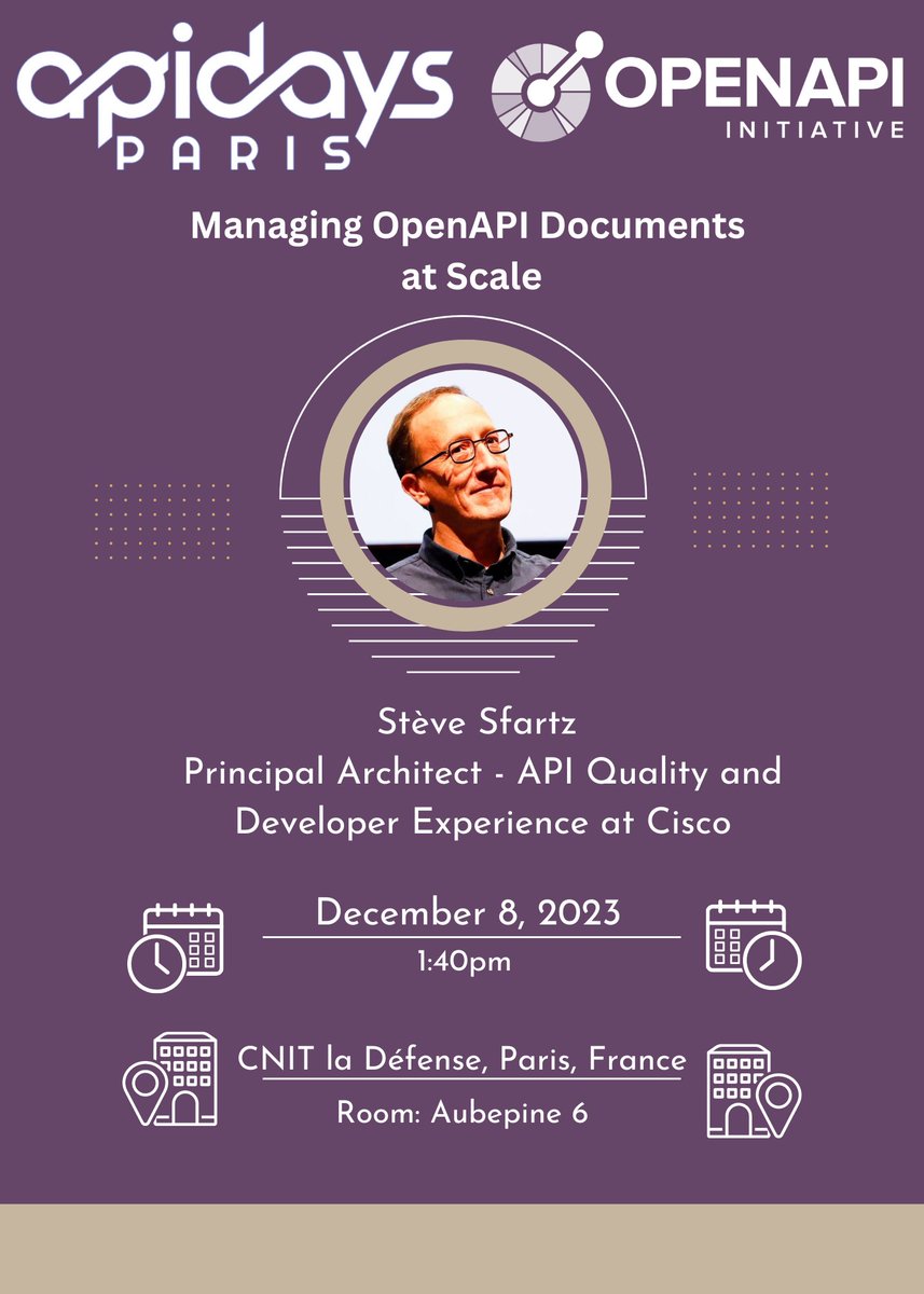 TOMORROW, Dec 8! Sure it works but can it scale? @SteveSfartz, Principal Architect - API Quality and Developer Experience at Cisco, as part of the OpenAPI dedicated Track at @apidaysParis, covers 'Managing OpenAPI Documents at Scale' openapis.org/events/apidays… #apis #opensource