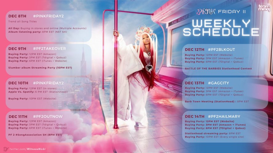 Pink Friday 2 — WEEK 1 SCHEDULE

— RT to tell a barb.