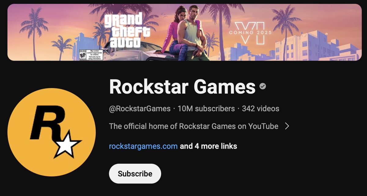Rockstar Games has reached 10M subscribers on the exact same day the GTA 6 trailer has reached 10M likes!