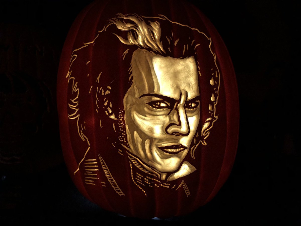 Sweeney Todd is ready for <a href="/monstermaniacon/">MONSTER-MANIA CON</a> in March. #sweeneytodd #demonbarberoffleetstreet #johnnydepp #timburton #pumpkin #handcarved #pumpkincarving #dremel #foampumpkin #ianspumpkincarvings