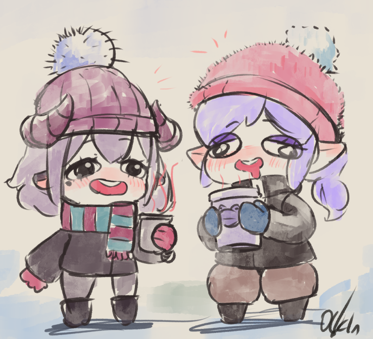 multiple girls 2girls scarf pointy ears hat purple hair beanie  illustration images