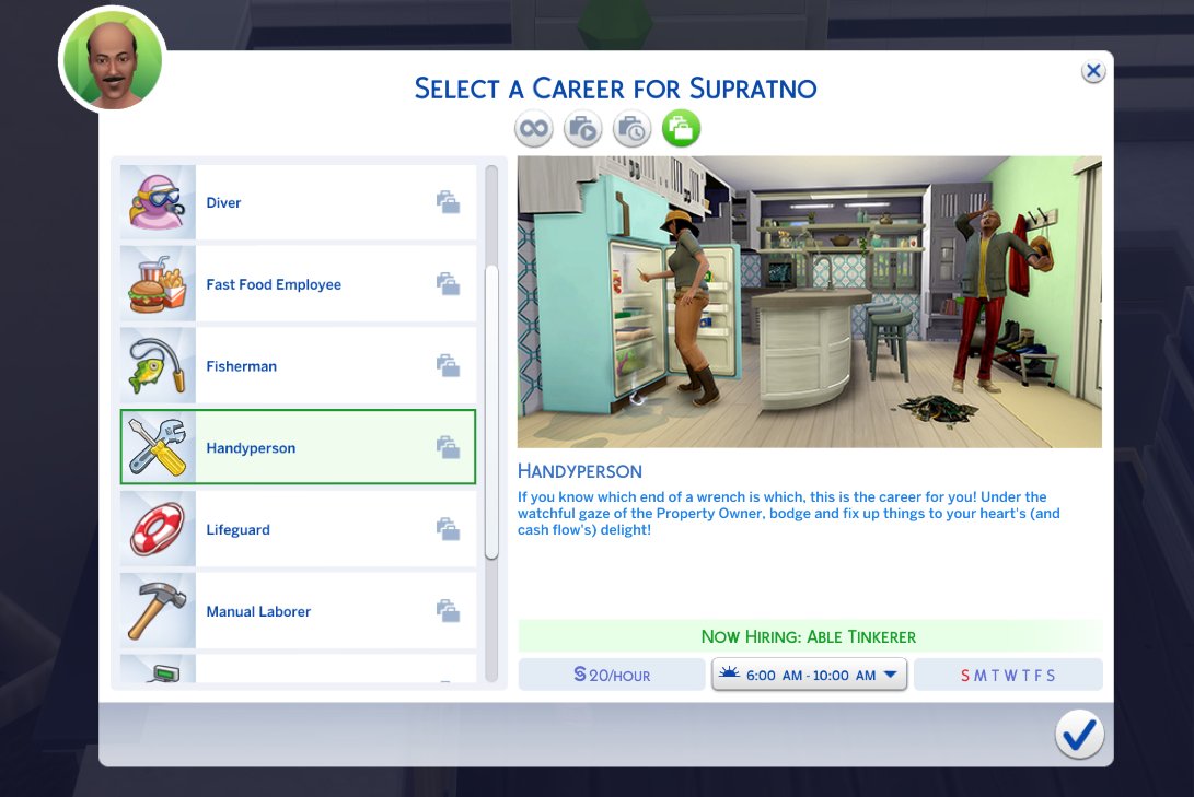 onlyabidoang's tweet image. Fun fact: The Sims 4 For Rent introduced a new handyperson part-time career complete with work assignments as well.  You'll gain a unique reward trait once you've reached level 3 of the career.