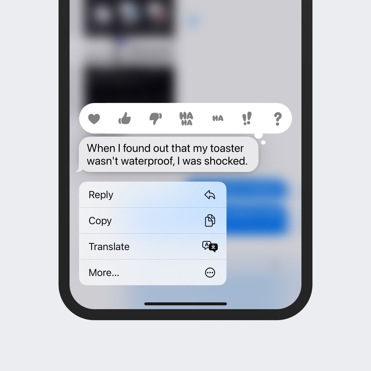 soren_iverson's tweet photo. iMessage option to respond with a single “ha” to messages that aren’t that funny https://t.co/Z4BxX5va7o