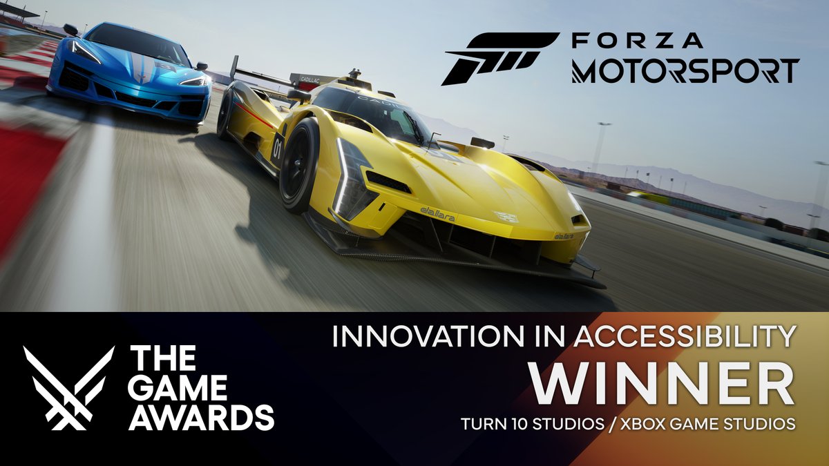 Gaming is for everyone. We're grateful to celebrate our Innovation in Accessibility win at @TheGameAwards for our work on Blind Driving Assists and the wide suite of accessibility options in #ForzaMotorsport. We're proud that these features continue to be recognized by our…