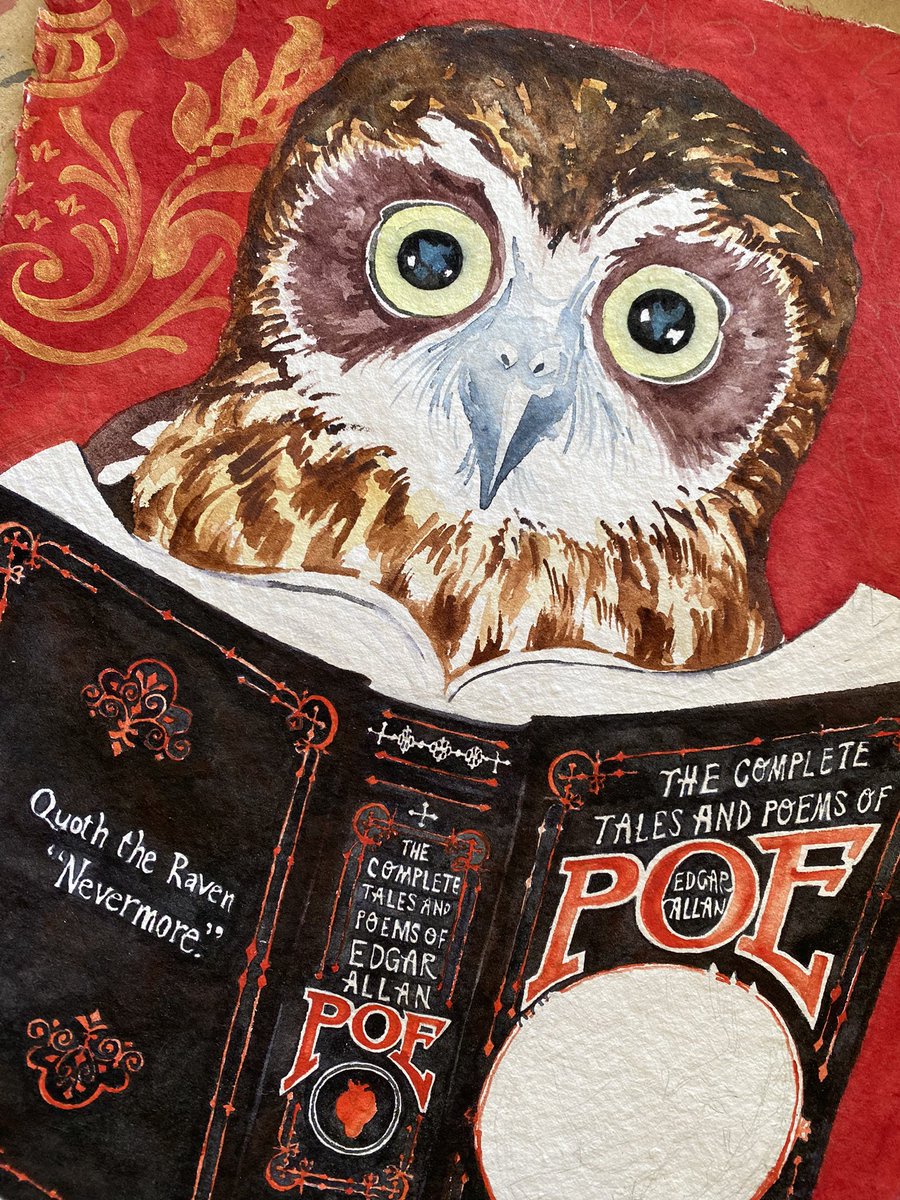 I am having way too much fun painting my little BooBook! I am meant to be tidying the house, instead I am painting what I think is a suitably gothic red and gold brocade wallpaper as a backdrop for my scared little owl! Work in progress… a long way to go…