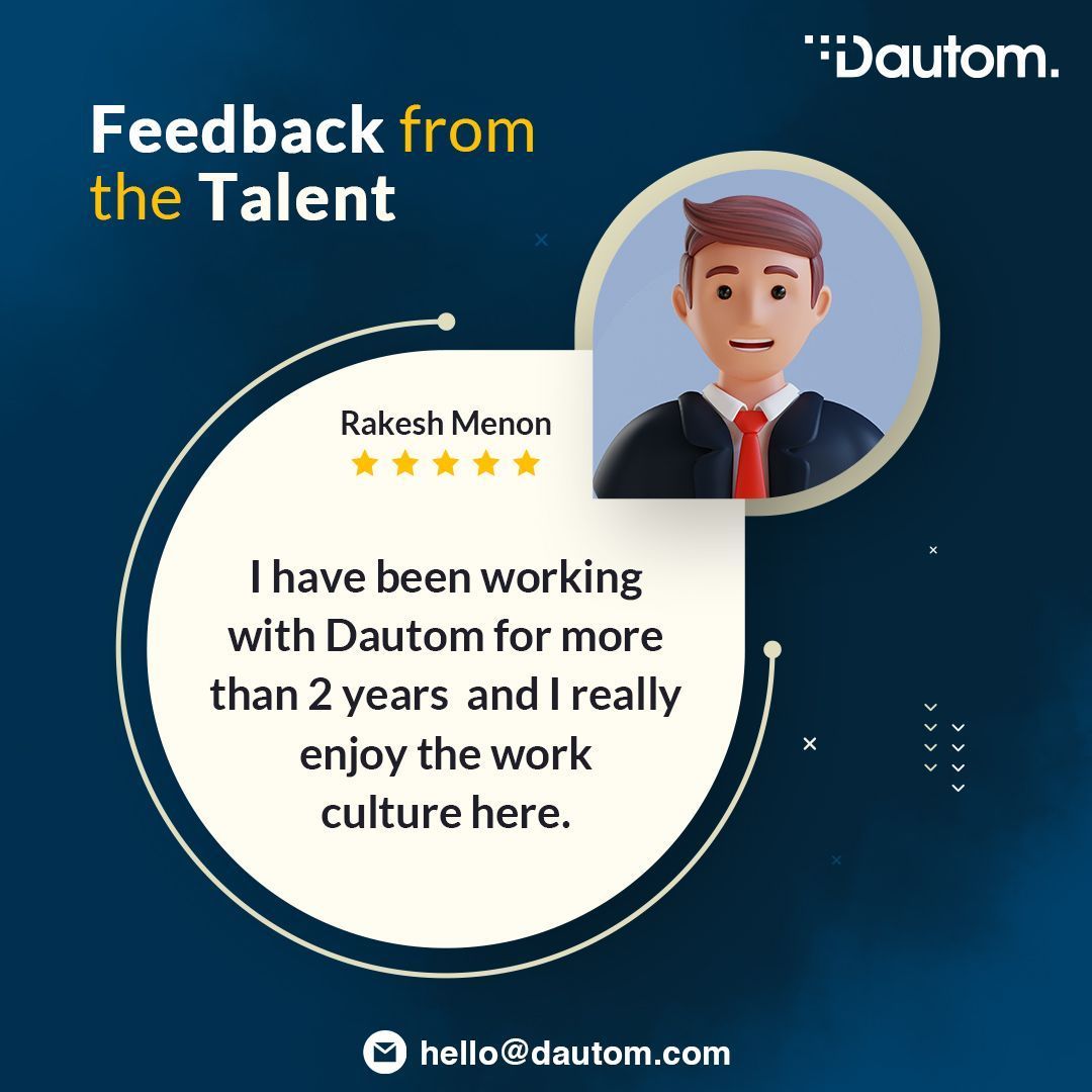 DautomTech's tweet image. Positive feedback from talented team members makes our day! 🌟 We&apos;re thrilled to hear that Rakesh Menon has been enjoying the work culture at Dautom for over a year now. We strive to create an environment where our team member can thrive and grow together.

#Dautom #WorkCulture