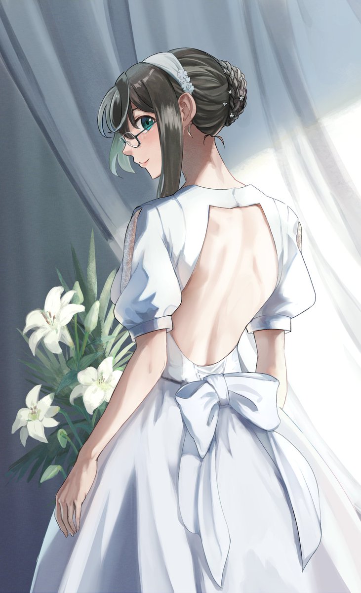 ooyodo (kancolle) 1girl solo dress white dress flower black hair glasses  illustration images