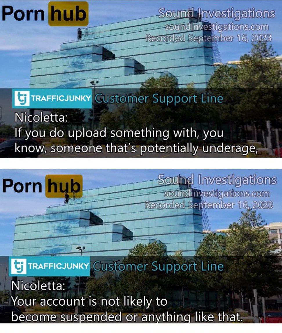 👇Here is an underage victim detailing how at 16 she was used against her will to market a sex site on P*rnhub and was ignored when she tried to get it down.

👇Here is a P*rnhub ad rep recently confessing they don’t suspend advertisers who use kids to sell sex.

#Traffickinghub