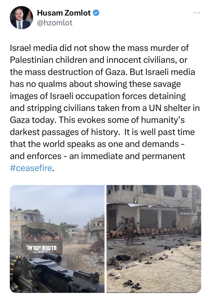 LadyVelvet_HFQ's tweet photo. 'Israel' is circulating pictures like these of men stripped down to their underwear, claiming that they are captured resistance fighters who surrendered.

Here is a list of observations that I hope you take to heart:

1. These are not fighters: several of them have been recognized BY NAME as civilians on social media.

2. A second reason they can't be fighters is that Palestinian freedom fighters DO NOT mass surrender, as they believe in, and strongly prefer martyrdom.

3. IF they were fighters, pictures would be presented of their weapons - none have been shown.

4. What is being sold as a 'military victory' is in fact a WAR CRIME - and worries are rising that these civilian men will be summarily executed.

5. Zionists all over social media are cheering over this new Israeli fabrication - and that is exactly the purpose of this lie. The Israeli army wants to show the Israeli public a victory, so it makes one up. It is clearly working, as cognitive dissonance has had Israelis believing in almost every lie, while the rest of the world has been ridiculing them.

6. These pictures will do nothing to give hope to the Israeli public of retrieving the hostages - as these civilians themselves may he tortured, but actually have no knowledge of anything, including the whereabouts of the hostages.

7. It remains to be seen how Western media will respond to these publications, but for the Israeli propaganda purposes outside of 'Israel', these pictures practically serve no goal.