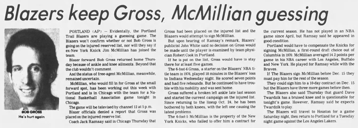 77Blazers's tweet photo. Dec 9 1978 - The @trailblazers forward #BobbyGross was sent home w/injuries but has not been put on Injured List. 
If &amp; when the #Blazers put Gross on the list, they will reportedly sign former @nyknicks #JimMcMillian

#RipCity https://t.co/JPpgDuNFaJ