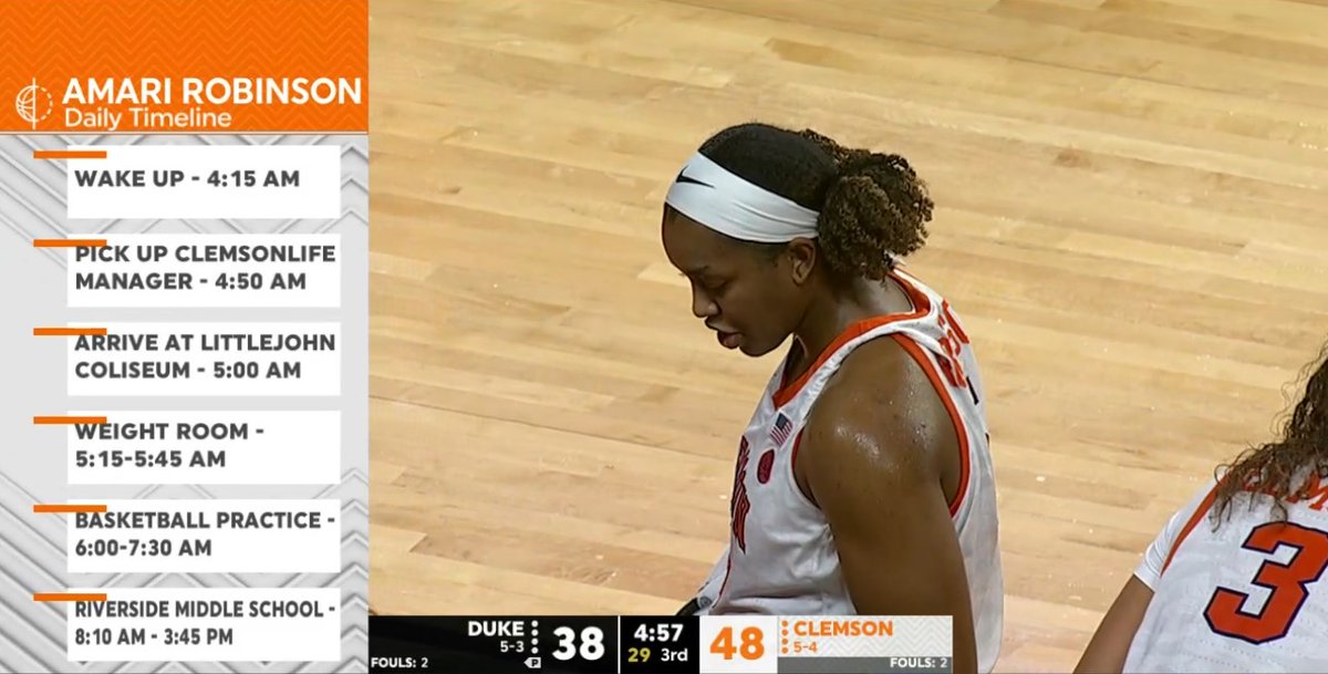 Clemson WBB's Amari Robinson ... impressive player but ESPN broadcast just shared how she is also student teaching. 

Look at this schedule. You think HS kids aware of this grind? 6 AM practice... crazy