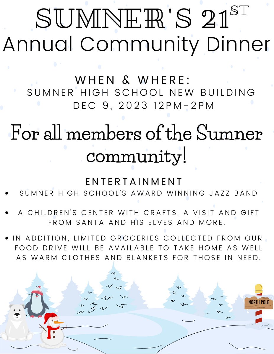 Reminder - the @SumnerSpartans Community Dinner is this Saturday, Dec 9, 12-2 pm. The fact that students host this for the entire community is something special. See you there, #Sumner!