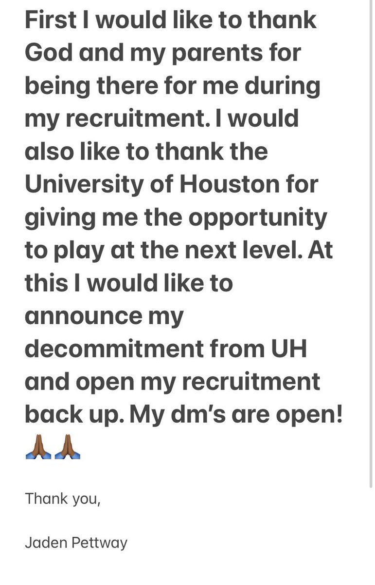 jaden_pettway's tweet photo. @ihss_houston @CoachJBrittain @ford_alonzo @CoachWoodard13 @Rob_Sellers_ @PurpleReignFB Thank you @UHCougarFB 🙏🏾 #Blessed #Decommit https://t.co/uW4ZFnhW0N