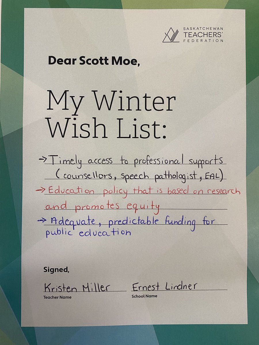 Dear <a href="/PremierScottMoe/">Scott Moe</a> here is my public education Winter Wish List! <a href="/SaskTeachersFed/">Saskatchewan Teachers' Federation</a> #tellthemtuesday #SaskEdChat <a href="/SaskParty/">Saskatchewan Party</a> <a href="/jeremycockrill/">Jeremy Cockrill</a>