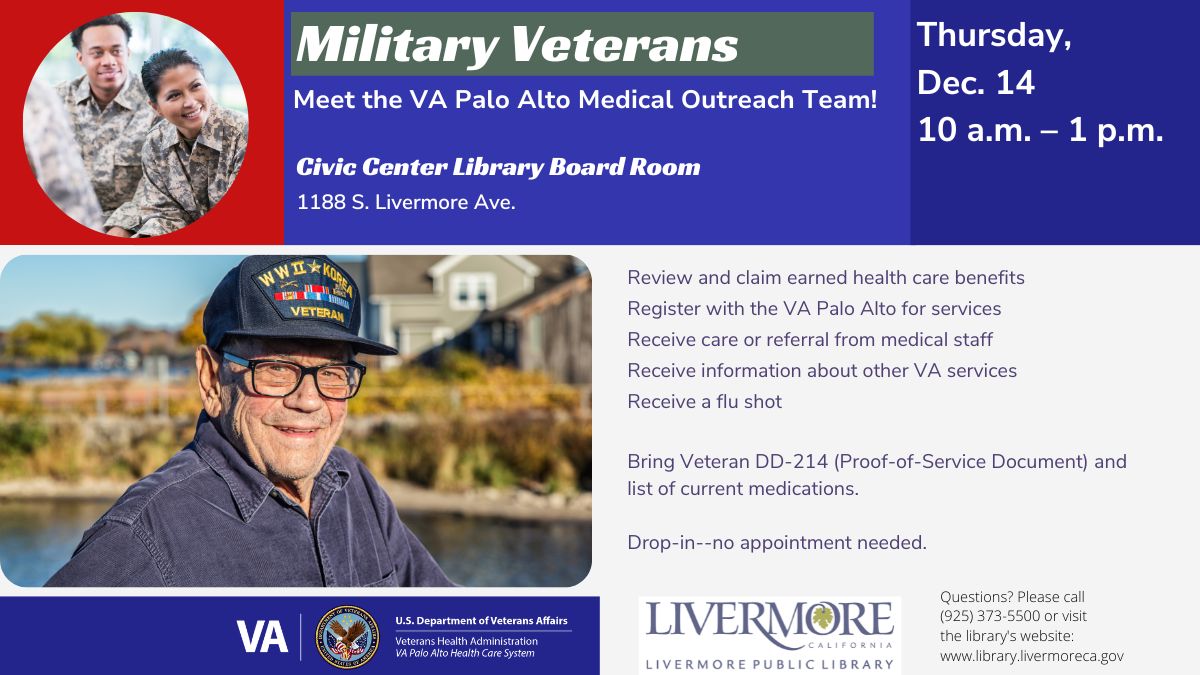 Free flu shots, health exams &amp; referrals for vets! A Veterans Affairs medical outreach team will be at #CivicCenterLibrary Board Rm from 10am-1pm on Dec 14. Vets not enrolled in VA Palo Alto Health Care System, bring a copy of DD-214 &amp; ask onsite. For more info call 925-373-5500.